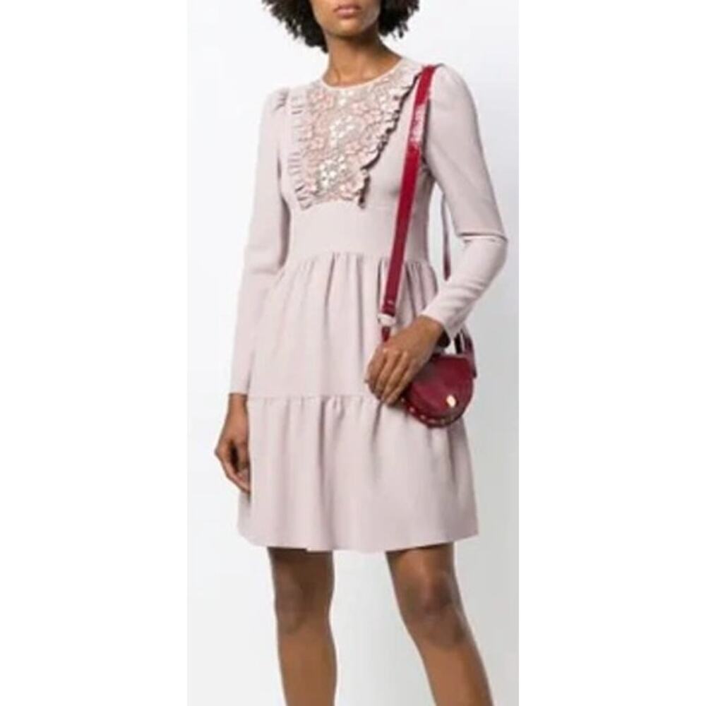 See by Chloe Dress Floral Lace Bib Long Sleeve Tiered Knee Length Pink Size 2